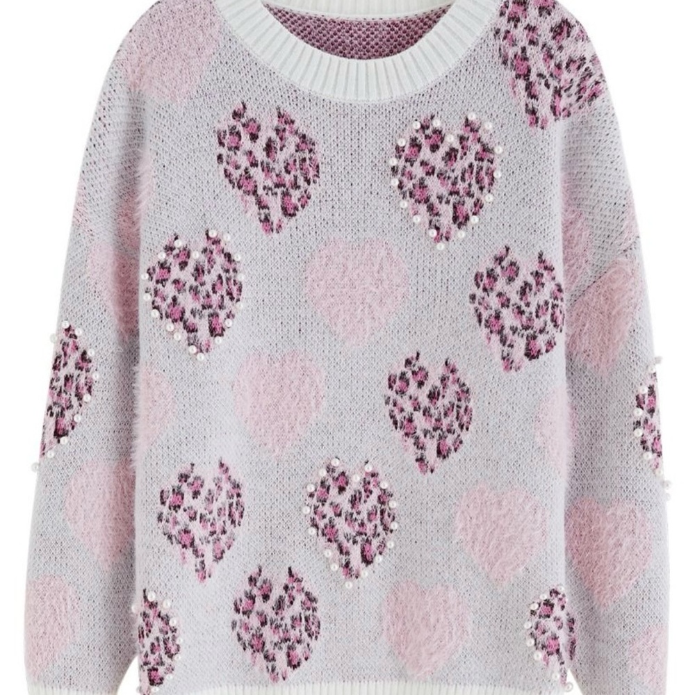 FUZZY PEARLY LEOPARD HEART KNIT SWEATER